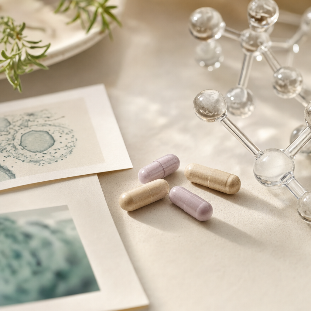 Cápsulas Gauss ao lado de um modelo molecular e estudos científicos