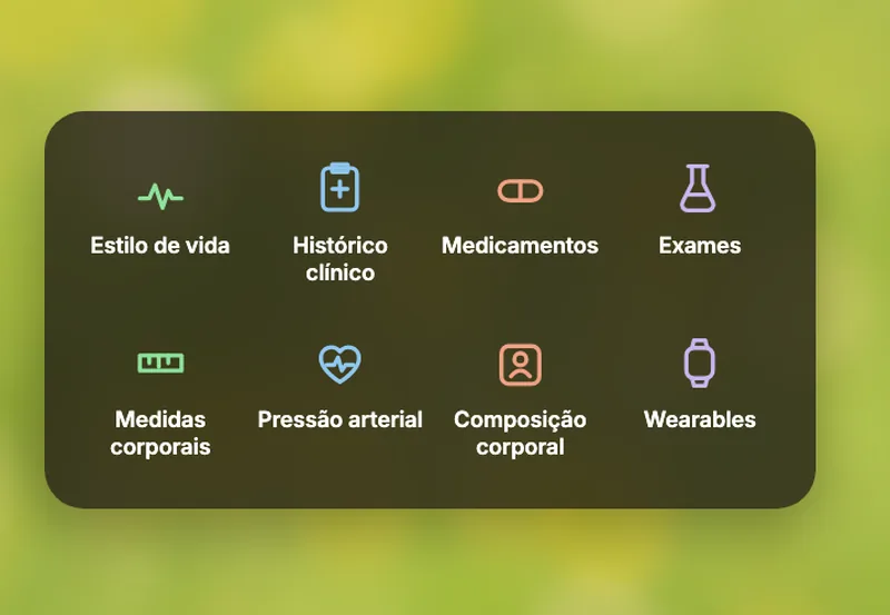 Painel com as fontes de dado: estilo de vida, histórico clínico, medicamentos, exames, medidas corporais, pressão arterial, composição corporal e wearables.
