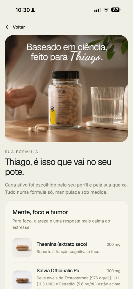Tela do app da Gauss com o tratamento individual e a justificativa de cada ativo